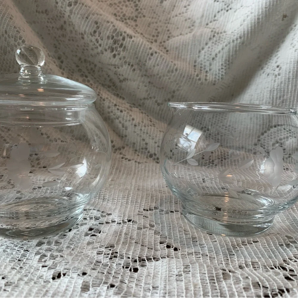 Princess House Heritage Etched Floral Clear Crystal Sugar Bowl W/Lid Creamer Set